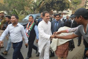 Congress President Rahul Gandhi along with Chief Minister Mukul Sangma and others at Garobadha in West Garo Hills.