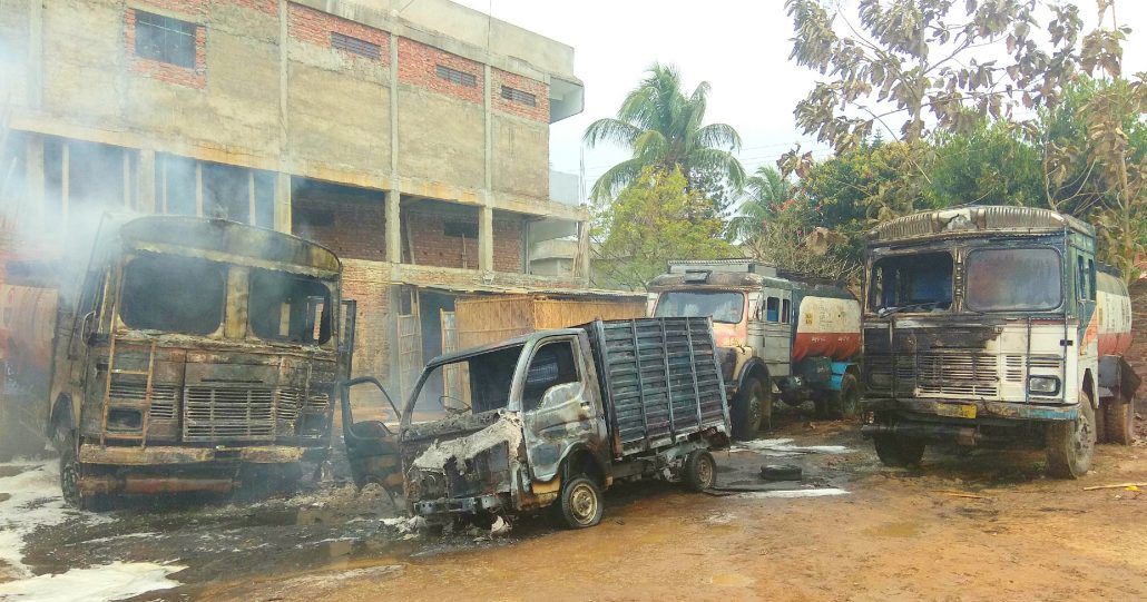 The vehicles burnt at Bokajan.