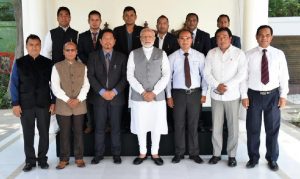 Meghalaya Chief Minister Conrad K Sangma, his Cabinet colleagues, MDA partners posing for a group photograph with Prime Minister Narendra Modi at his residence in New Delhi.