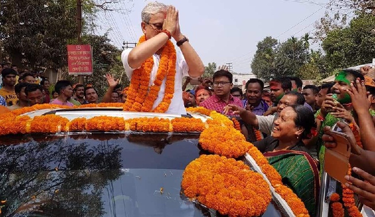 Tripura Deputy CM Jishnu Dev Barman during a victory rally after winning Charilam seat.