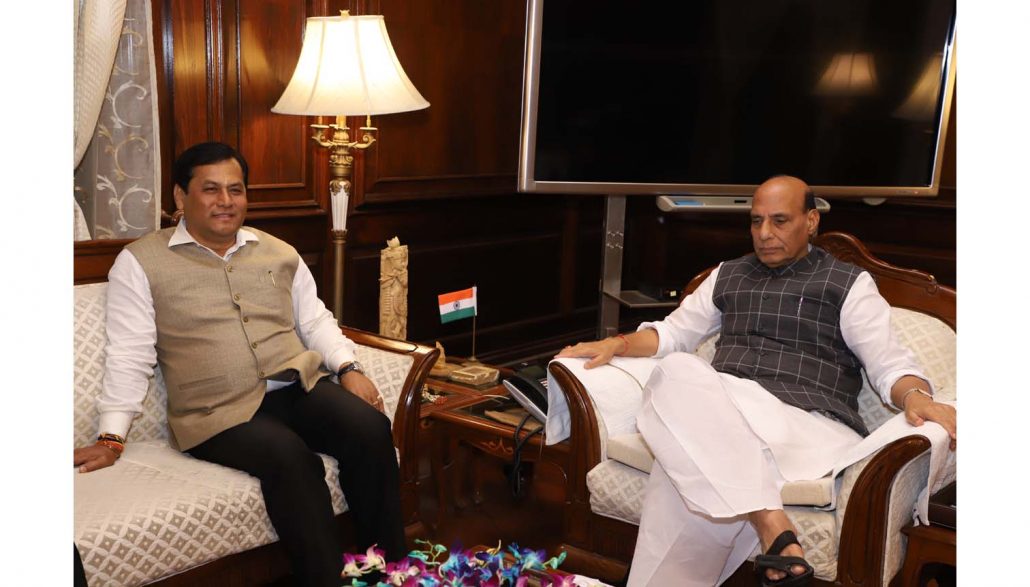 Chief Minister Sarbanadna Sonowal calling on Union Home Minister Rajnath Singh at the latter's office in New Delhi on Thursday.