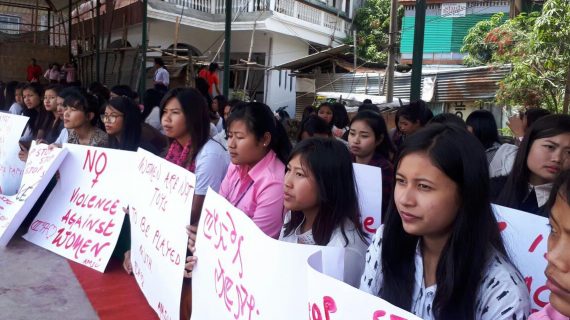 Sit-in demonstration Women wing volunteers of All Manipur Students’ Union (AMSU) stage sit-in demonstration in Imphal on Monday.