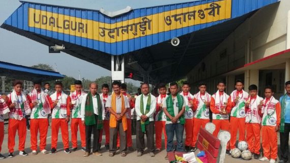 Made with Square InstaPic U-17 boys’ team from Assam representing India posing for a photograph after being accorded a rousing welcome at the Udalguri Railway Station after their arrival on Saturday.