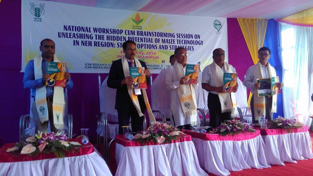 Deputy chief minister Y Joykumar led ICAR officials releasing a souvenir on the inaugural function of 2 day national workshop on hidden potential of maize in Imphal on Monday (1)