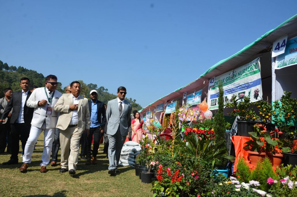 forest minister Th Shyamkumar led MLAs and officials at Keibul Lamjao in Manipur inspecting the stalls during opening of sangai festival on wednesday