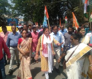 Sushmita Dev of the Congress marches on for DC Cachar's office to submit her nomination on Monday