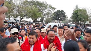 CEM, KAAC, Tuliram Ronghang and BJP candidate for 3 Diphu (ST) Autonomous District Lok Sabha seat Horensing Bey at Kheroni, West Karbi Anglong on Monday.