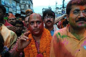 Dr Rajdeep Roy along with his supporters and party workers take part in his vijay rally in Silchar on Friday