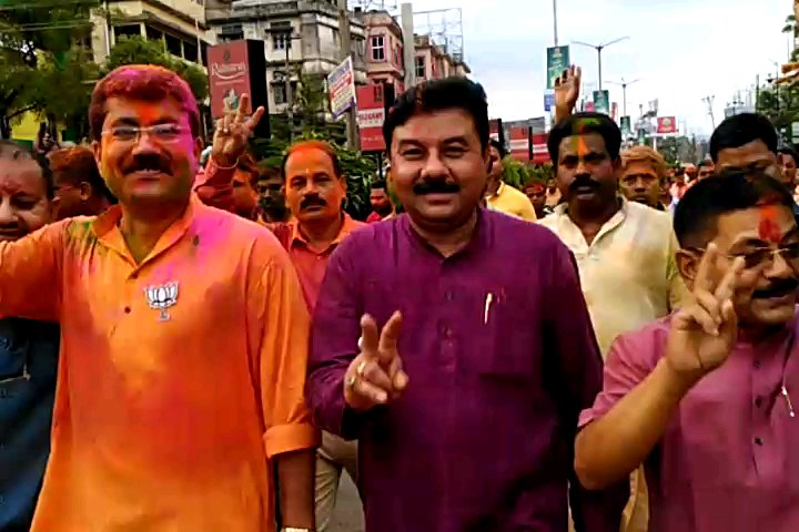 State BJP President Ranjit Das in Silchar taking part in a vijay rally on Friday