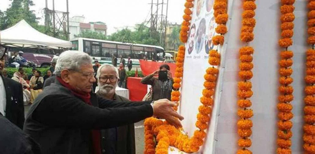 Sitaram Yechury paying tributes to the martyrs of anti-CAA stir in Guwahati. Image credit: Facebook