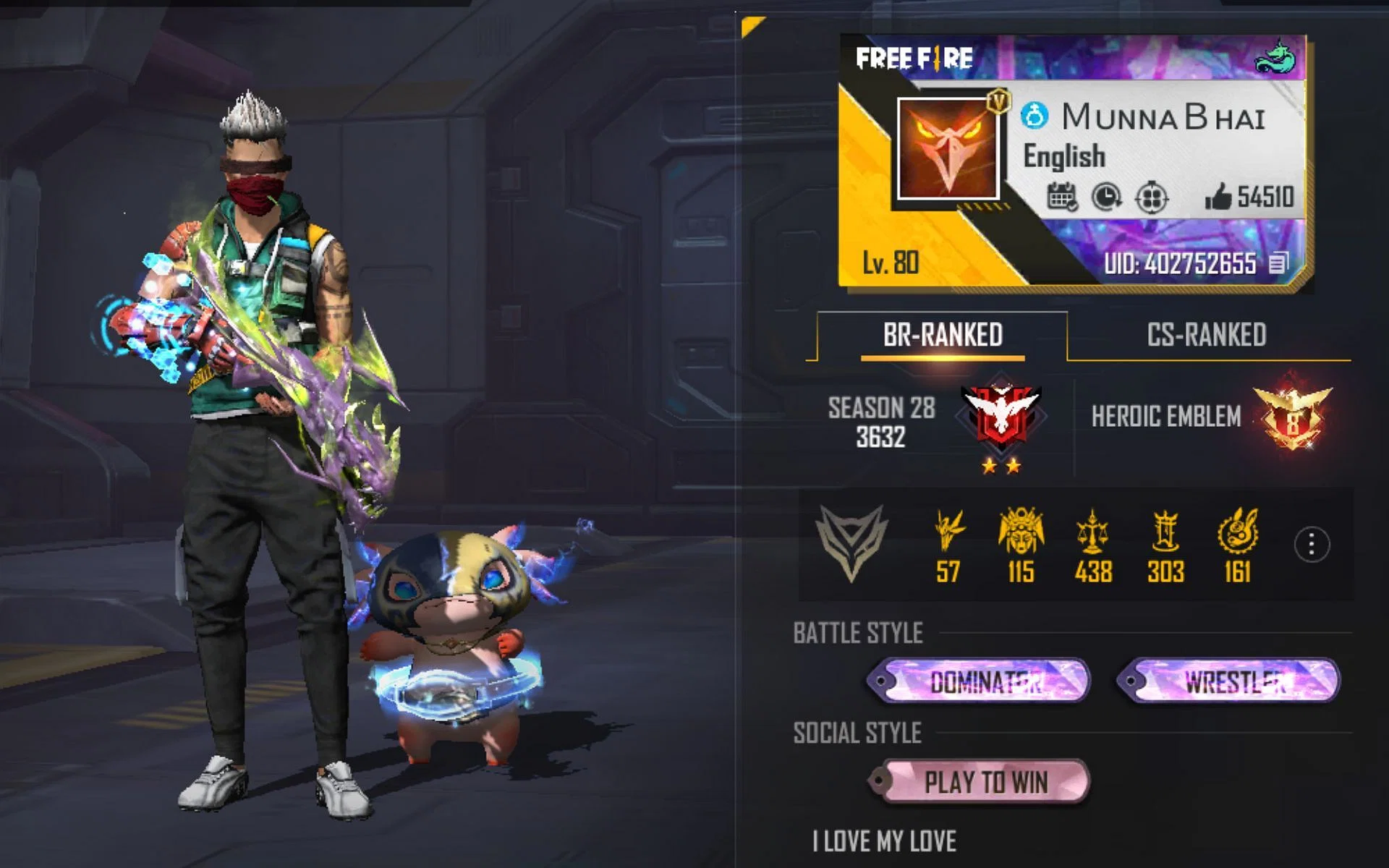 Free Fire MAX : Munna bhai gaming's ID, stats, rank, K/D ratio